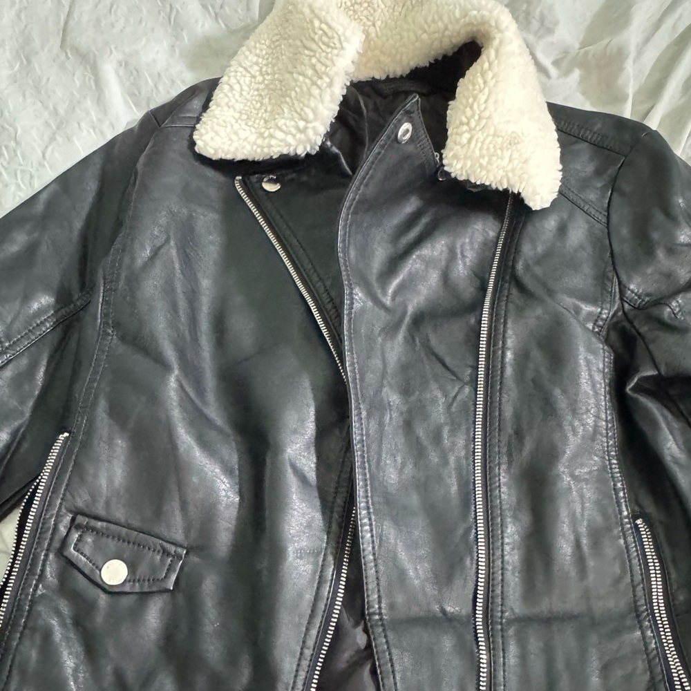 Hollister Black Jacket with Cream Shearling Collar